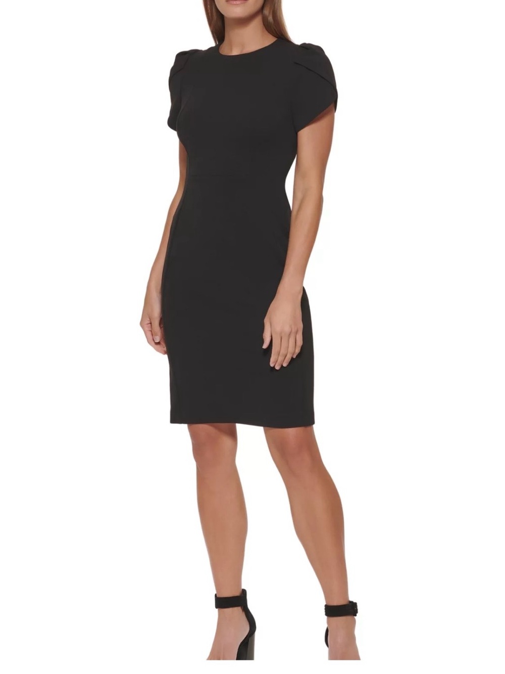 Calvin Klein Black Ponte Sheath Dress with Structured Cap Sleeves